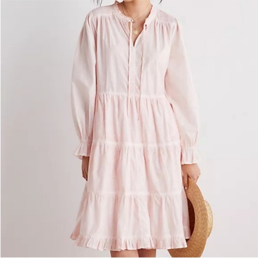 Othilia Desdemona Tiered Ruffle Dress Anthropologie Tunic Pink Cotton Pockets L
